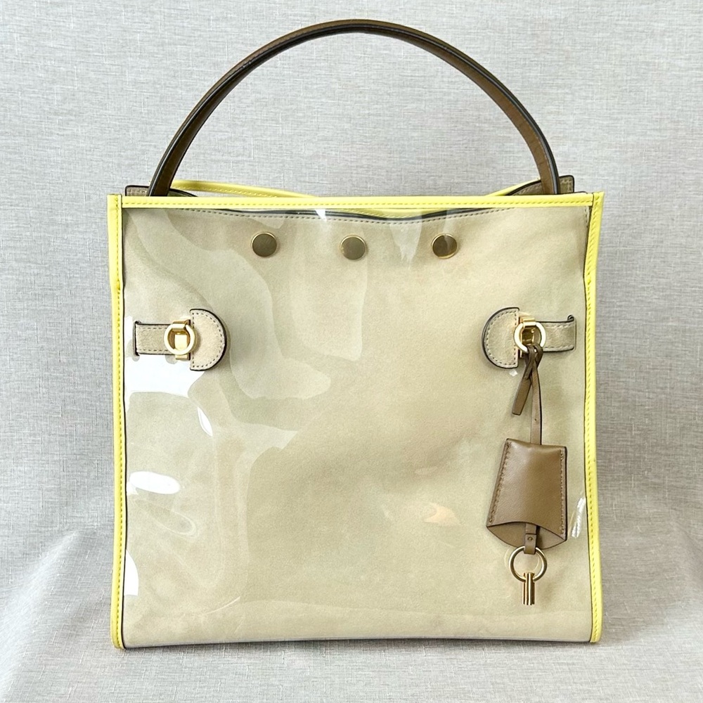 Tory Burch Large Lee Radziwill Beige and Yellow Patent Raincoat Satchel - Picture 5 of 16